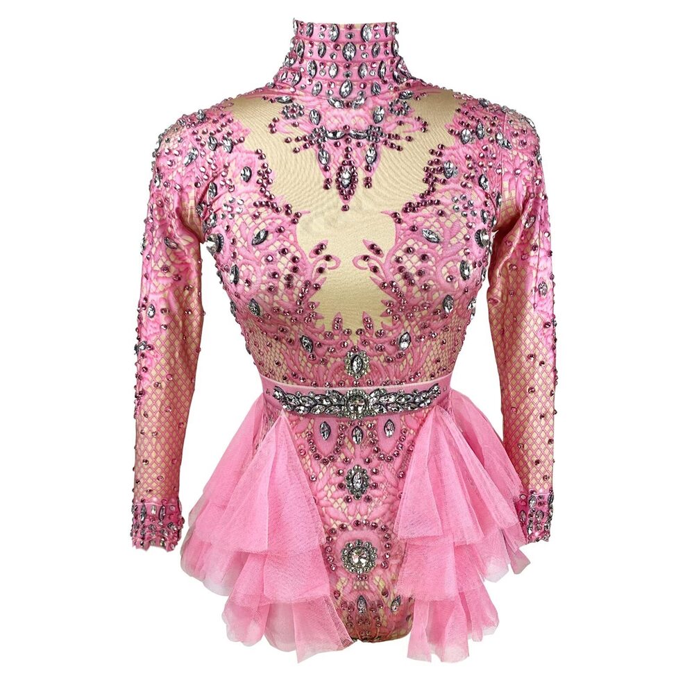 6707 Festival Rhinestone Team Bodysuit Ruffle Big Stretch Nightclub drag